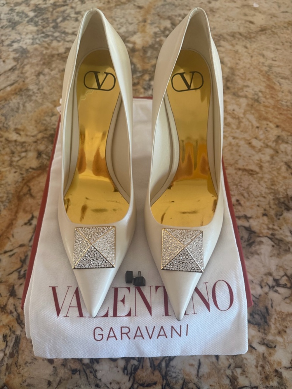 Valentino Garavani Ivory Satin Pumps with Crystal Pyramid Detail